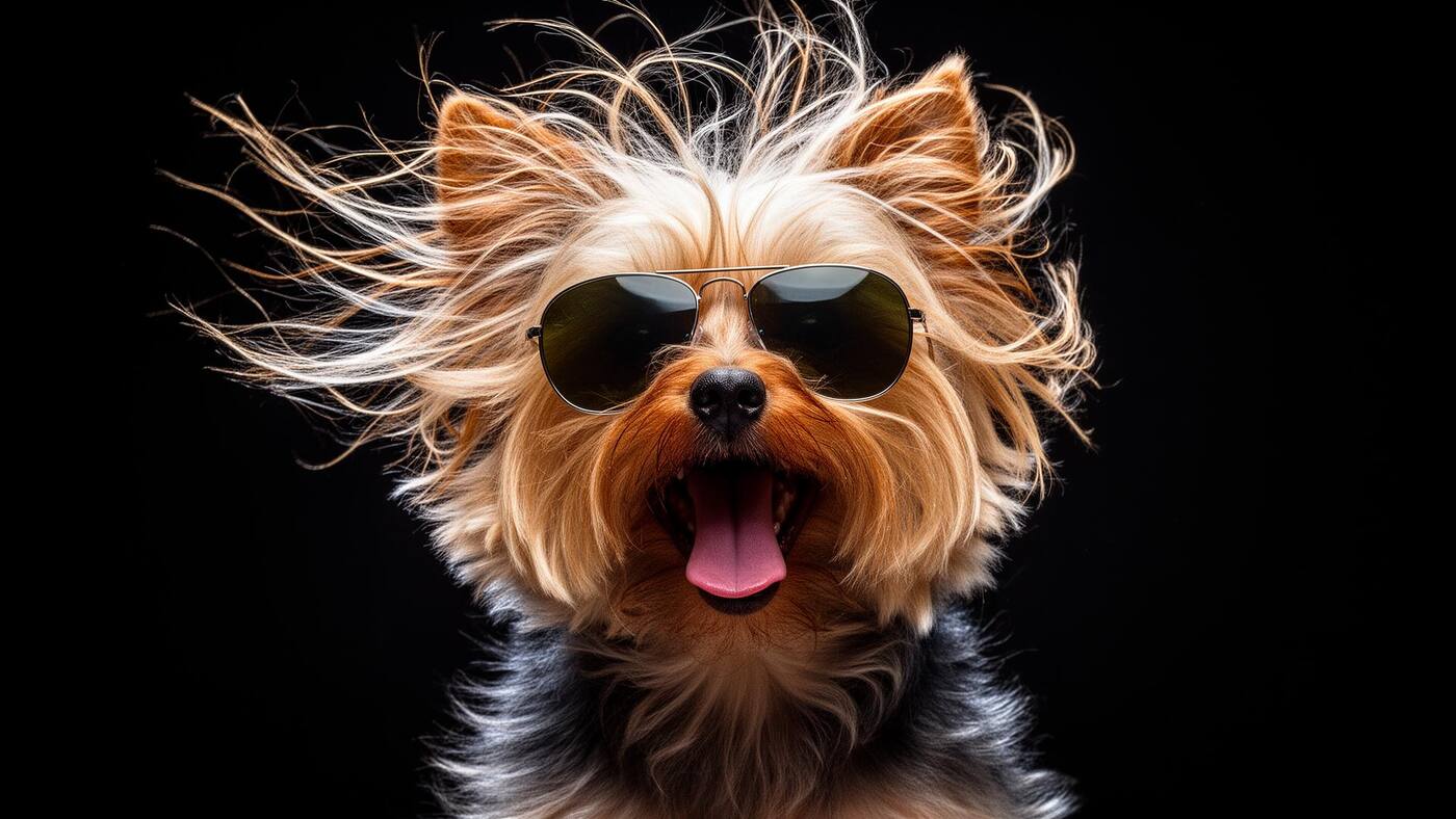 A small rockstar dog wearing aviator sunglasses with wind-blown fur, the face of Rockstar Dog Care